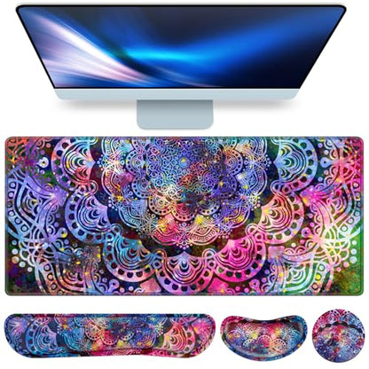 Mouse Pad with Wrist Rest, 4-in-1 Large Mousepad+Keyboard Wrist Rest+Mouse Pad Wrist Support+Cup Pad Set,Ergonomic Anti-Slip,Memory Foam Desk Mat for Home Office Gaming(35.4×15.7in) - color: Purple Mandala