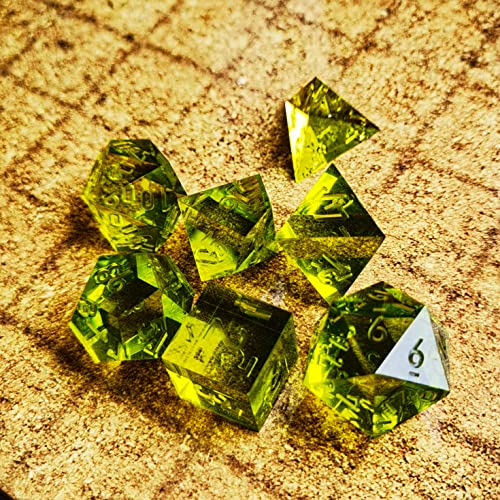 Bescon Crystal Clear (Unpainted) Sharp Edge DND Dice Set of 7, Razor Edged Polyhedral D&D Dice Set for Dungeons and Dragons Role Playing Games, OliveDrab Color - color: Olivedrab