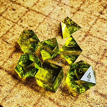 Bescon Crystal Clear (Unpainted) Sharp Edge DND Dice Set of 7, Razor Edged Polyhedral D&D Dice Set for Dungeons and Dragons Role Playing Games, OliveDrab Color - color: Olivedrab