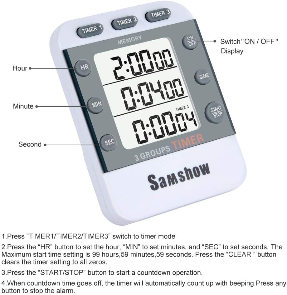 Digital Kitchen Timers for Cooking, 2 Pack | Triple Timer Count UP/Down, Large LCD Display, Adjustable Volume, Loud Alarm, Magnetic, Battery Included - color: 382-2 White