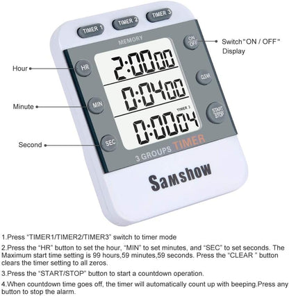 Digital Kitchen Timers for Cooking, 2 Pack | Triple Timer Count UP/Down, Large LCD Display, Adjustable Volume, Loud Alarm, Magnetic, Battery Included - color: 382-2 White