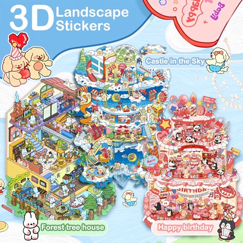 3D House Stickers,DIY Sticker Therapy for Adult Fun Cute Cartoon Stickers | Scene Make Your Own for MINI Room Scenes for MINIature Supermarket for Relief Stress Pass The Time (3 Pcs Large) - size: 3 Pcs Large