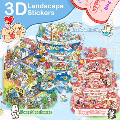 3D House Stickers,DIY Sticker Therapy for Adult Fun Cute Cartoon Stickers | Scene Make Your Own for MINI Room Scenes for MINIature Supermarket for Relief Stress Pass The Time (3 Pcs Large) - size: 3 Pcs Large