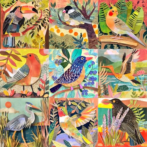1000 Piece Jigsaw Puzzle for Adults, Colorful Bird Art Puzzle | Colorful Cut-Paper Bird Art with Layered Botanical Details, Color-Coded Back, 24 x 24 in - color: Cut-paper Style Birds