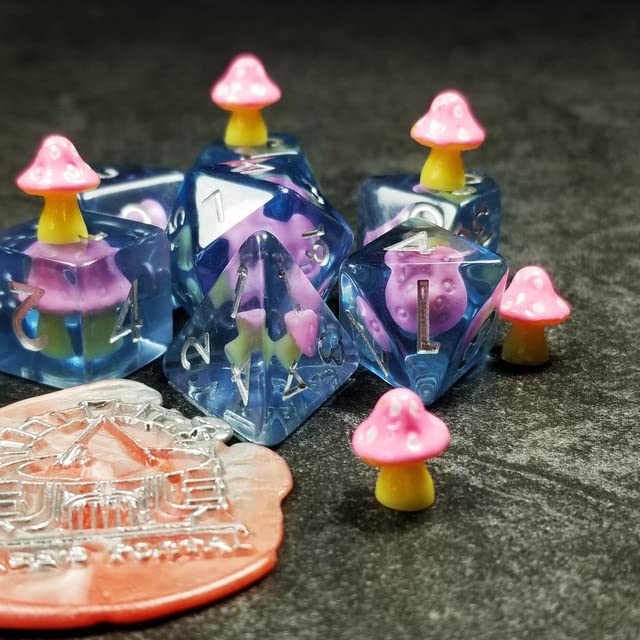 Sage's Portal Familiars and Reagents Resin DND Dice Set Polyhedral Dice Set for Dungeons and Dragons RPG Tabletop TTRPG (Pink Magic Shrooms) - color: Pink Magic Shrooms