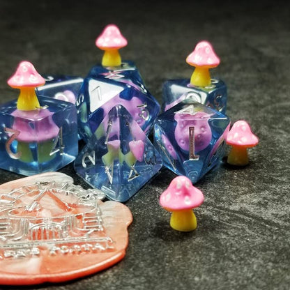 Sage's Portal Familiars and Reagents Resin DND Dice Set Polyhedral Dice Set for Dungeons and Dragons RPG Tabletop TTRPG (Pink Magic Shrooms) - color: Pink Magic Shrooms