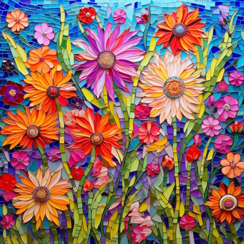 Bgraamiens-Mosaic Art Flowers-1000 Pieces Puzzle for Adults, Stained Glass Jigsaw with Flowers, Impossible Puzzle Color Challenge Hard Puzzles for Adults - color: Mosaic Art Flowers