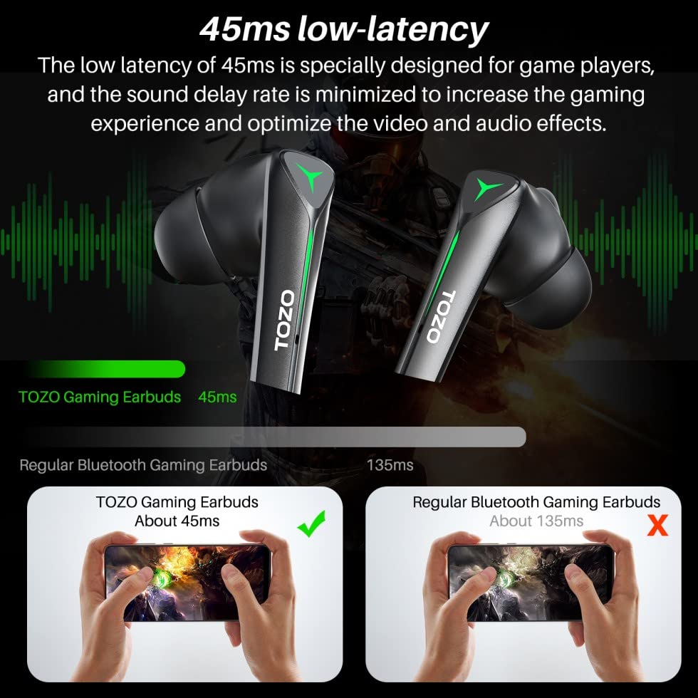 TOZO Wireless Earbuds Bluetooth 5.3 Headphones with 45ms Ultra Low-Latency and Cool Breathing Light Ergonomic Design Gaming Deep Bass Music Mode Headset Built-in Micro Stereo Sound