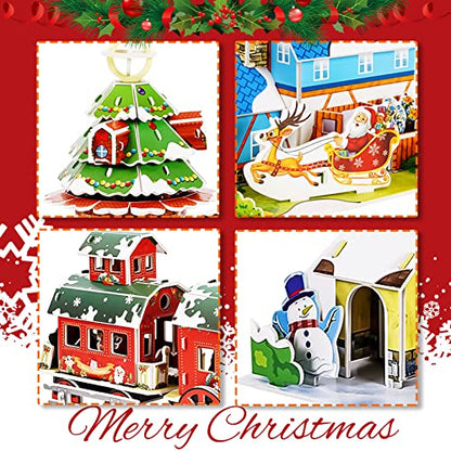 Whaline Christmas Puzzle Toy Set 3D Cute Jigsaw Paper Model Winter Simple Puzzle Paper and EPS Foam Board Toys for Kids Gift Santa Xmas Tree Cottage Train Creative DIY Model Building kit for Toddler