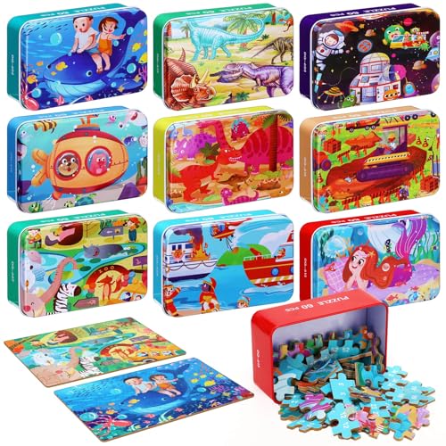 Libima 9 Boxes Party Favors Jigsaw Puzzles in a Metal Box for Birthday Favors Supplies Wooden Puzzle Gifts, 9 Styles, 60 Pieces Each(Lovely Style) - style: Lovely Style