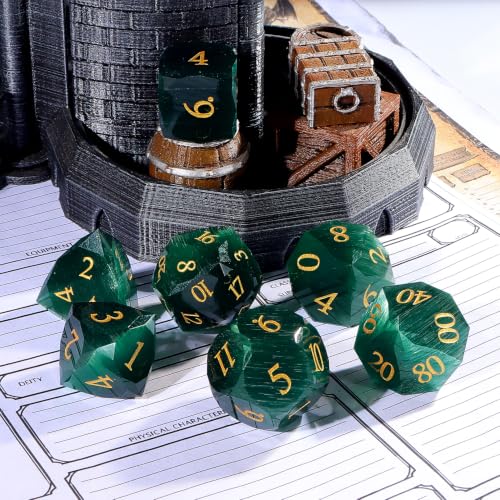 Green Cat's Eye Dice Set, 7-Piece Handcrafted Polyhedral Dice with Gold Engraving, Ideal for D&D, RPG, MTG & Tabletop Games, Gift Box Included (Cat's Eye - Dark Green) - color: Cat's Eye - Dark Green