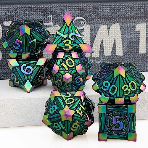 7PCS Metal DND Dice Set with Box, Debris RPG Red D and D Dice for use with D&D Tabletop Games Role Playing Game Polyhedral Dice Set D20 D12 D10 D8 D6 D4 - color: Dazzling Green