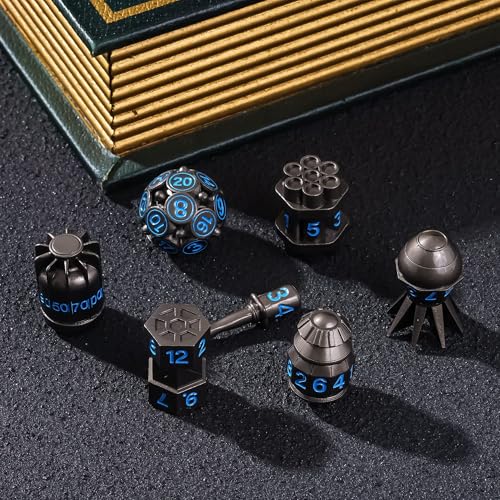 UDIXI Metal Dice Set D&D 7PCS RPG Polyhedral Metal DND Dice Set Black | Bomb Shape, Solid Metal, Cool Design, Leather Pouch Packaging, for Dungeons and Dragons Role Playing Games Tabletop Games - color: Black Blue
