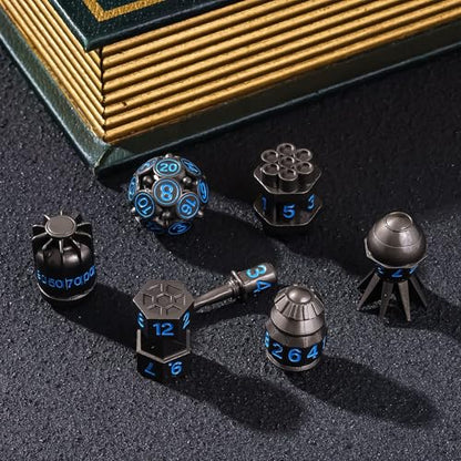 UDIXI Metal Dice Set D&D 7PCS RPG Polyhedral Metal DND Dice Set Black | Bomb Shape, Solid Metal, Cool Design, Leather Pouch Packaging, for Dungeons and Dragons Role Playing Games Tabletop Games - color: Black Blue