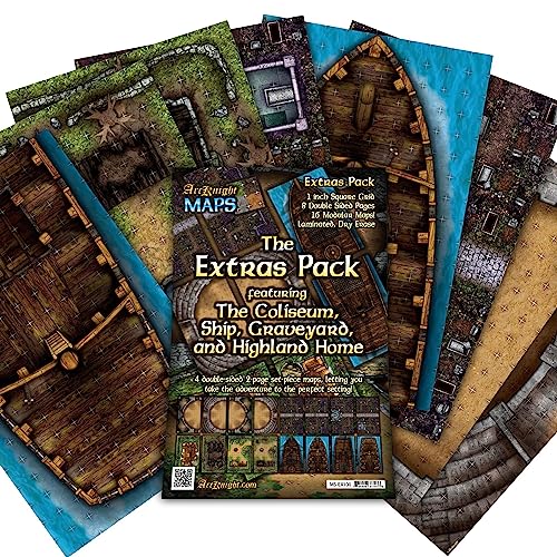 Arcknight The Extras Pack Roleplaying Battlemaps; 16 Modular RPG Maps in 8 Double-Sided Pages, 1" Square Grid, Modular & Versatile Design for Tabletop Gaming - for Dungeons & Dragons & Pathfinder - style: Extras