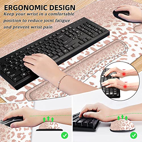 Large Mouse Pad with Wrist Rest, 4-in-1 Wrist Rest for Keyboard and Mouse | Non-Slip Waterproof Desk Mat Set, 35.4"x15.7" Desk Mat+Keyboard Wrist Rest+Mouse Wrist Support+Cup Coaster for Home Office - color: 4Pcs-Rose Gold Leopard