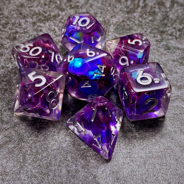 Sage’s Portal Cantrips DND Dice Set - Round Edge Resin 7-PC Polyhedral DND Dice Set for Dungeons and Dragons D&D RPG Tabletop TTRPG (Purple Holo Flakes) - color: Purple Holo Flakes