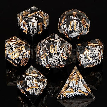 KERWELLSI DND Dice Set D&D, 7pcs Sharp Edge Resin D and D Dice with Gift Box, Nature Snow Mountain Dungeon Dragon Role Playing Dice D20 D12 D10 D8 D6 D4 - color: White