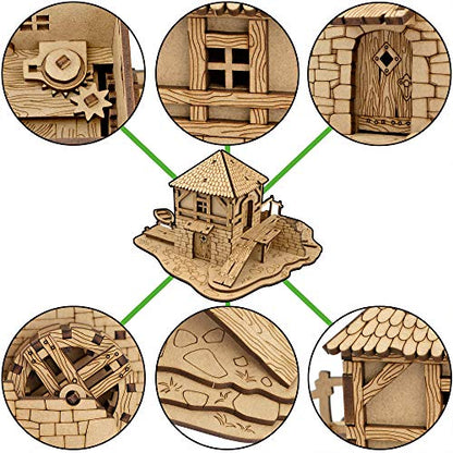 TowerRex Watermill D&D Terrain Buildings, DND Accessories for Dungeons & Dragons, Pathfinder, Warhammer, Tabletop Battle Map, Wooden Laser Cut Wargaming Terrain, RPG Scenery for 32mm, 28mm Miniatures