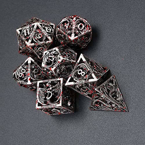 7pcs polyhedral Metal Dice Set DND,The New Hollow Pure Copper Process | DND Metal Dice Set,Used for Dungeon and Dragon Dice Games Role-Play RPG Explorer MTG Pioneer Game DND Dice Set - color: Black Red