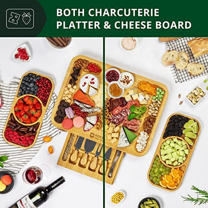 ROYAL CRAFT WOOD Bamboo Cheese Board and Knife Set with Charcuterie Board & Serving Tray with Appetizer Plates & Side Trays (17.5 x 13) - style: 5-6 Guests