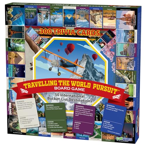Funwares Travelling the World Pursuit Trivia Board Game, 2-6 Players | 300 Trivia Cards in 4 Categories: Political, Natural, Architectural & Religious, 30-60 Minutes, Family Night, Ages 8+