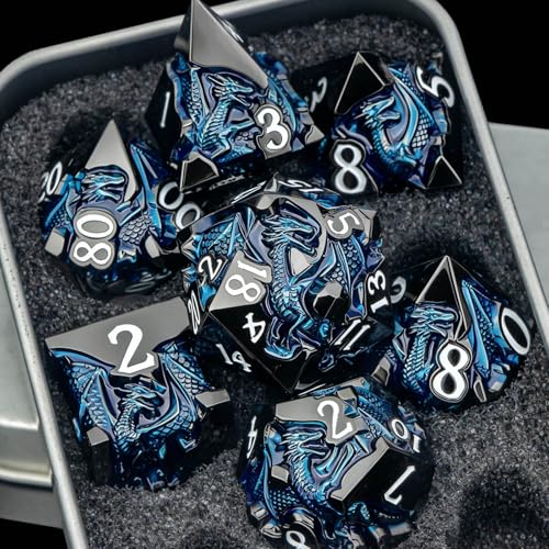 Roycevon Relief Dragon DND Dice Set for Role Playing Game, 7Pcs Metal D&D Dice Set Dungeons Dragons with Gift Box, Polyhedral D and D Dice D20 D12 D10 D8 D6 D4, Blue and White - color: Blue and White