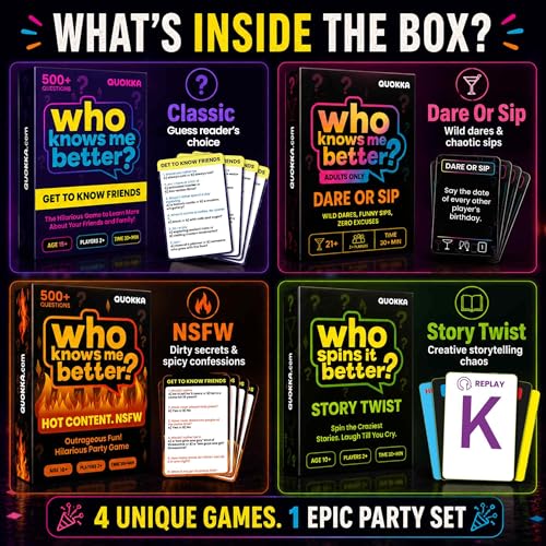 Quokka Party Games Set – Who Knows Me Better Collection with 4 Game in 1 Box – 2000+ Questions – Card Games for Adults and Teens – Board Game for Family Night, Friends & Couples Ages 15+ - color: Adult Set