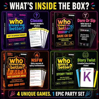 Quokka Party Games Set – Who Knows Me Better Collection with 4 Game in 1 Box – 2000+ Questions – Card Games for Adults and Teens – Board Game for Family Night, Friends & Couples Ages 15+ - color: Adult Set