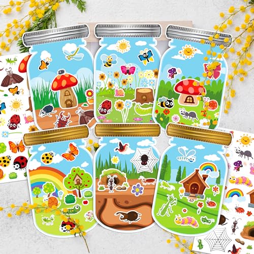 24 Sheets Insect Stickers with Jar Scenes, Make Your Own Bug Jar Stickers, Spring Crafts Activities for Kids Spring Party Decorations Supplies for Kids - style: Bugs Jar 24 Sheets