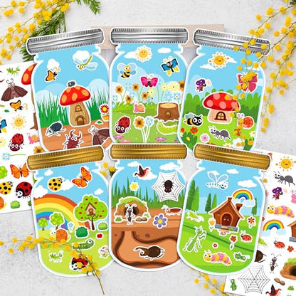 24 Sheets Insect Stickers with Jar Scenes, Make Your Own Bug Jar Stickers, Spring Crafts Activities for Kids Spring Party Decorations Supplies for Kids - style: Bugs Jar 24 Sheets