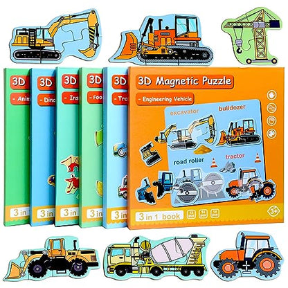 Magnetic Puzzles for Kids Ages 3-5, Travel Toddler Excavator Puzzle Toy | Refrigerator Magnet Game for Ages 4-6, Learning & Birthday Gift for Boys, Car Airplane Road Trip Quiet-Time Activity Toys - style: Engineering vehicle