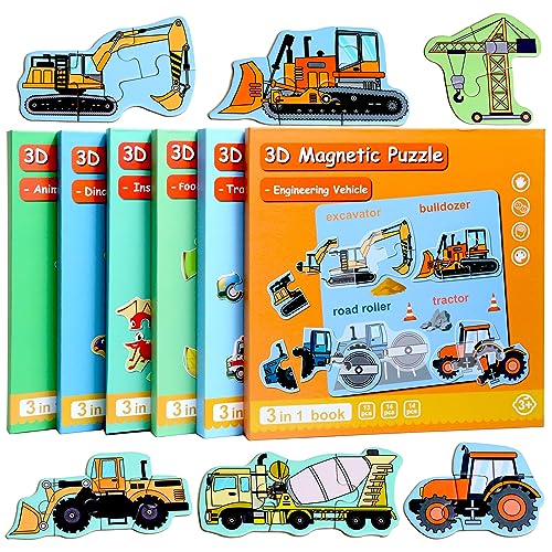 Magnetic Puzzles for Kids Ages 3-5, Travel Toddler Excavator Puzzle Toy | Refrigerator Magnet Game for Ages 4-6, Learning & Birthday Gift for Boys, Car Airplane Road Trip Quiet-Time Activity Toys - style: Engineering vehicle