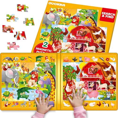 QUOKKA Magnetic Puzzles for Toddlers 3-5 – Search & Find 2 Pack, 60 Pieces Each – Travel Friendly Board with Hidden Objects, Farm and Africa Scenes – Educational Puzzle Gift for 3 Year Olds - color: Magnetic Farm