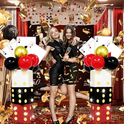 AerWo 81 Pcs Large Dice Boxes Casino Theme Party Decorations with Balloons & Jumbo Poker Cards, 11 inch Giant Dice Box with String Lights for Las Vegas Game Night Party Backdrop Red Black Golden