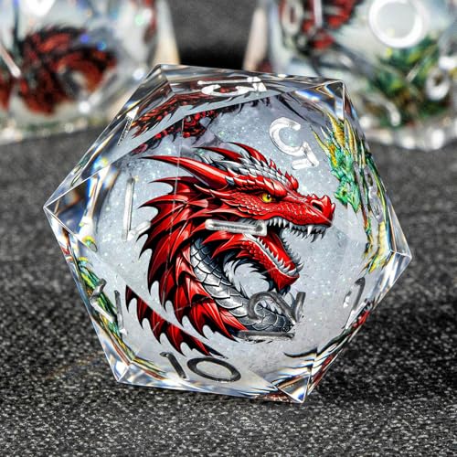 KERWELLSI Liquid Core Dragons Pattern Dice, Resin DND Dice Set with Gift Box, White Sharp Edged Dungeons D&D Dice, Role Playing Game Dice D20 D12 D10 D8 D6 D4 - color: White