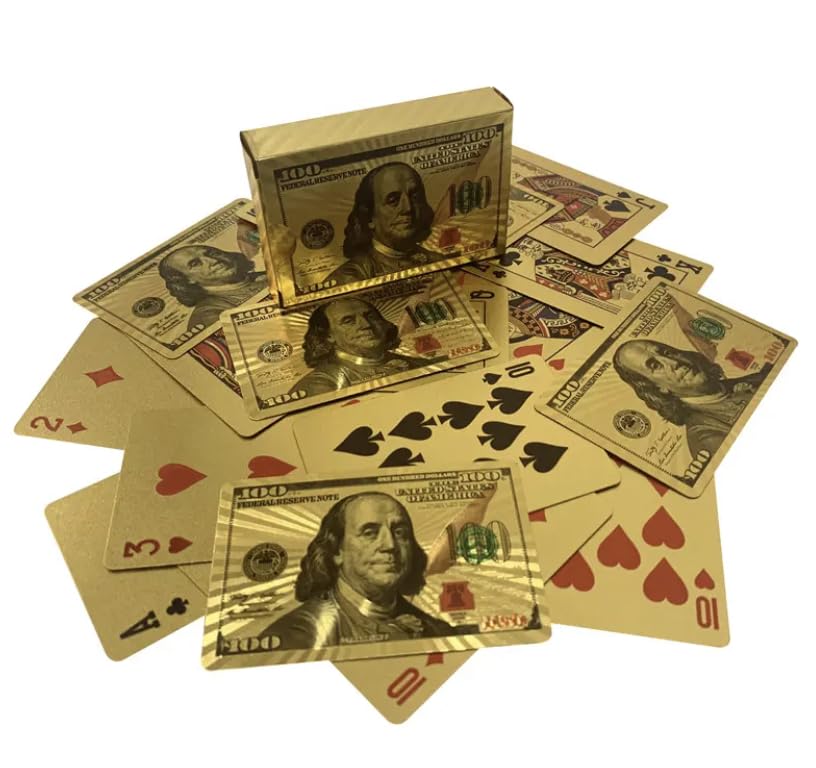 10 Decks - Gold Diamond Playing Cards - Durable and Waterproof, Perfect for Magic, Poker, Parties, and Special Occasions. ($100 Bill Theme)