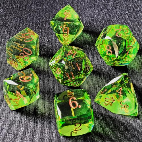 Crystal Multifaceted Polyhedral Dice Set 7 PCS for DND, RPG Tabletop Gaming, Collectors | Tinbox Packing, Gemstone Effect Dice (Olive Drab) - color: Olive Drab