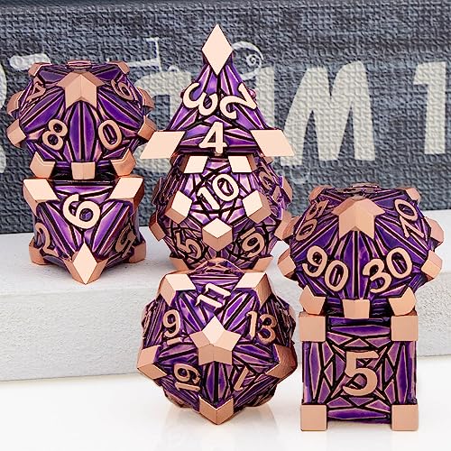 7PCS Metal DND Dice Set with Box, Debris RPG Purple D and D Dice for use with D&D Tabletop Games Role Playing Game Polyhedral Dice Set D20 D12 D10 D8 D6 D4 - color: Copper Purple