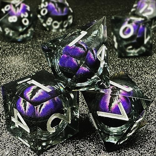 HAOMEJA Resin Dragon Eye DND Dice Set D&D 7 Pcs Resin Sharp Edge Role Playing Dice with Dragon Eye Dice Bag,Polyhedral Dungeons and Dragons Dice D20 D12 D10 D100 D8 D6 D4 (Black & Eye Purple) - color: 7 Eye Purple & Black