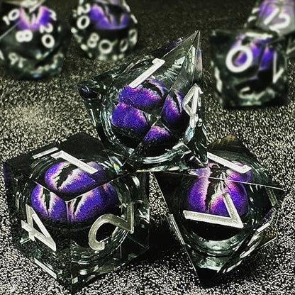 HAOMEJA Resin Dragon Eye DND Dice Set D&D 7 Pcs Resin Sharp Edge Role Playing Dice with Dragon Eye Dice Bag,Polyhedral Dungeons and Dragons Dice D20 D12 D10 D100 D8 D6 D4 (Black & Eye Purple) - color: 7 Eye Purple & Black