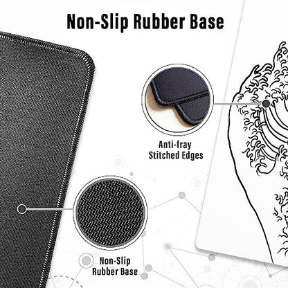 Ovenbird Gaming Mouse Pad with Stitched Edges, Japanese Wave White Extended XL Mousepad with Anti-Slip Base, Cool Large Mouse Pad for Desk, 31.5 x 11.8 in, White - color: Minimal Wave, size: Extended