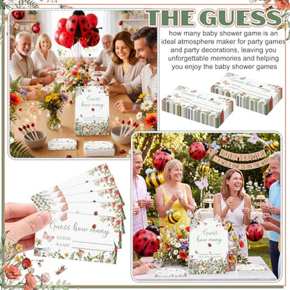 Ladybug Garden Guess How Many Baby Shower Game Pack of 1 Tabletop Sign with Stand and 50 How Many Cards, Wildflower Insect Themed Party Game Decorations - style: Ladybug Garden