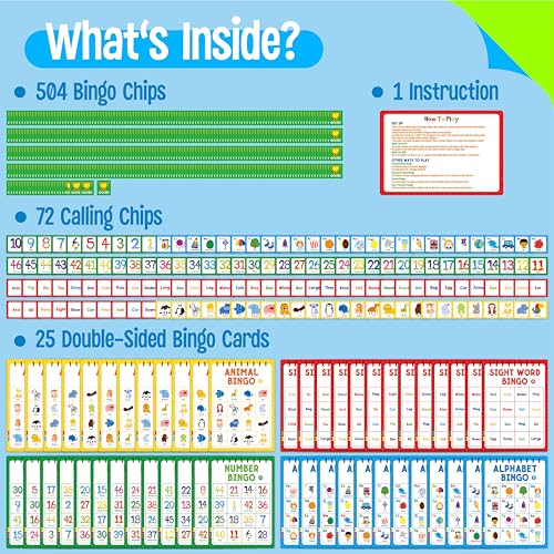Family Bingo Game, Alphabet, Animal, Sight Word & Number Bingo Board Game, Counting and Matching Skills Classic Educational Game for Kindergarten and Preschool Kids, Perfect for Home and Classroom - style: Alphabet, Animal, Sight Word & Number
