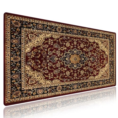 Vintage Oriental Persian Floral Large Mouse Pad, Red Black Beige Desk Mat | Keyboard Mat Stitched, 31.5" x 11.8", Classic Victorian Flowers Pattern, Traditional Antique Style Rug Print, Luxury Decor - color: Vibrant Design J14K