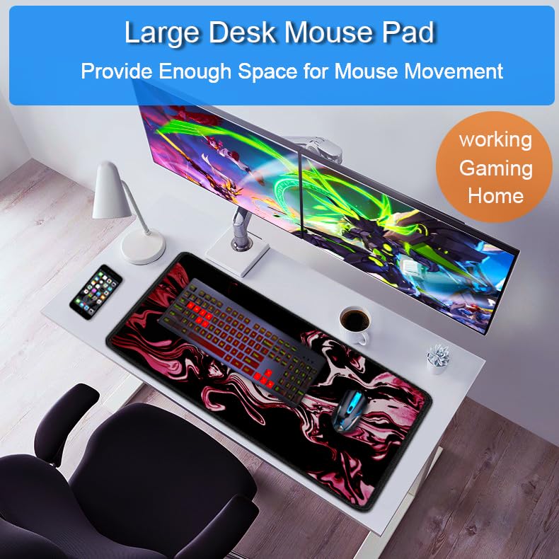 Gaming Mouse Pad, 31.5x15.7 inch Large Extended Computer Keyboard Mouse Mat, Water Resist Non-Slip Mousepad Rubber Base Long XXL Desk Mouse Pad for Gaming, Office & Home, Marble Red - color: Marble Red, size: 31.5L x 15.7W inches