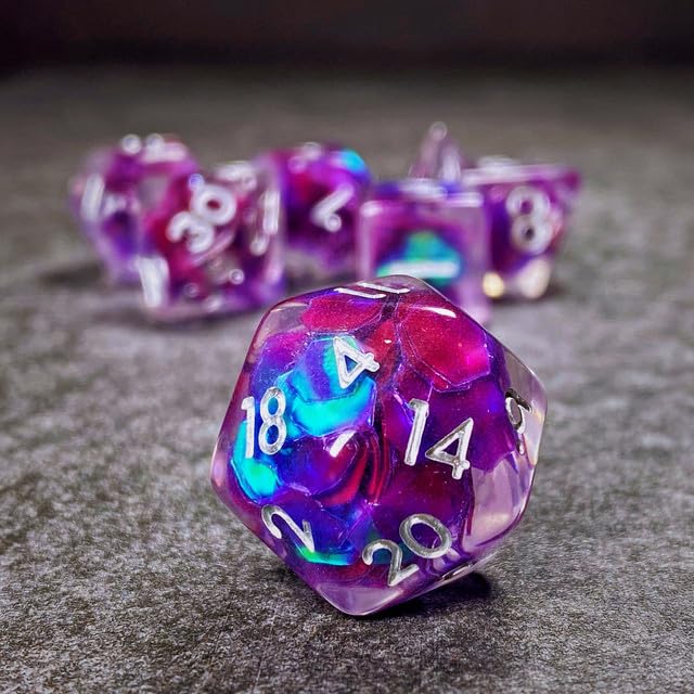 Sage’s Portal Cantrips DND Dice Set - Round Edge Resin 7-PC Polyhedral DND Dice Set for Dungeons and Dragons D&D RPG Tabletop TTRPG (Purple Holo Flakes) - color: Purple Holo Flakes