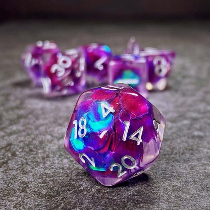 Sage’s Portal Cantrips DND Dice Set - Round Edge Resin 7-PC Polyhedral DND Dice Set for Dungeons and Dragons D&D RPG Tabletop TTRPG (Purple Holo Flakes) - color: Purple Holo Flakes