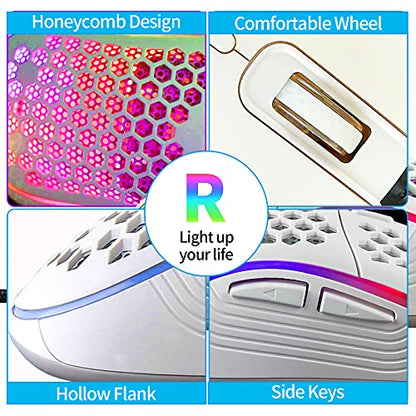 Techsea Honeycomb Wired Gaming Mouse with RGB On/Off Switch, 7200 Adjustable DPI, Ergonomic Lightweight Design & High Precision Sensor for PC/Mac Gamers (White) - color: Ceramic White