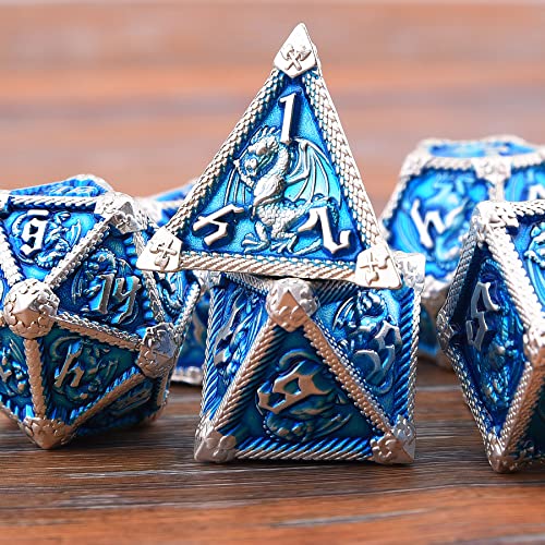 AUSTOR 7-Die Metal DND Dice Set Dungeons and Dragons Polyhedral Roll Playing Dice with Box D20 D12 D10 D% D8 D6 D4 for Pathfinder MTG RPG Board Games - color: Sky Blue With Silver Edge